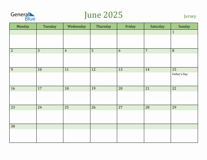 June 2025 Calendar with Jersey Holidays