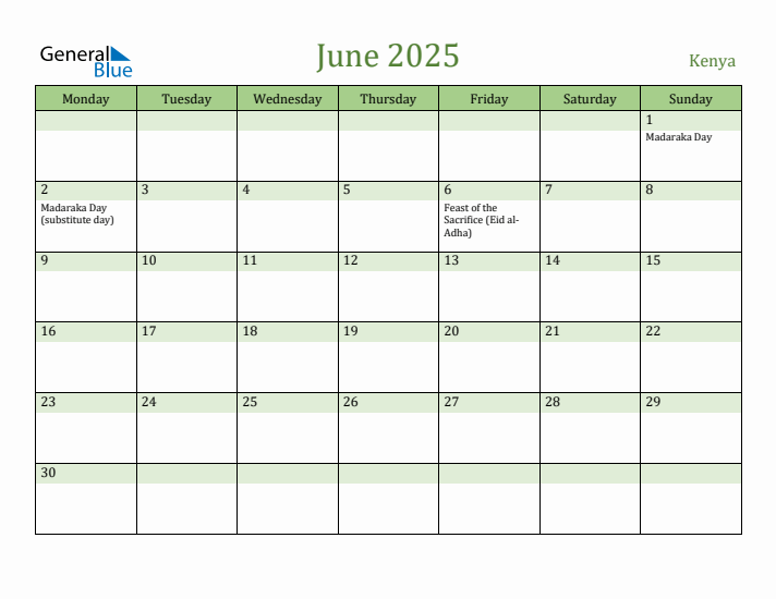 June 2025 Calendar with Kenya Holidays