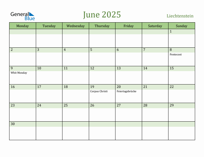 June 2025 Calendar with Liechtenstein Holidays