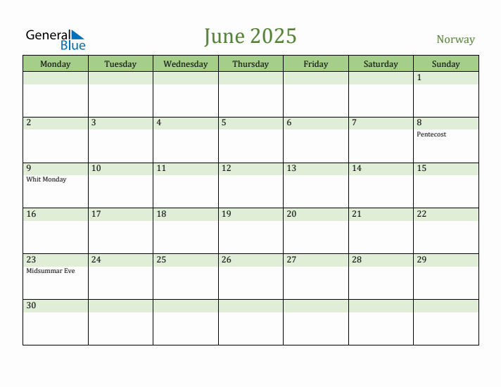 June 2025 Calendar with Norway Holidays