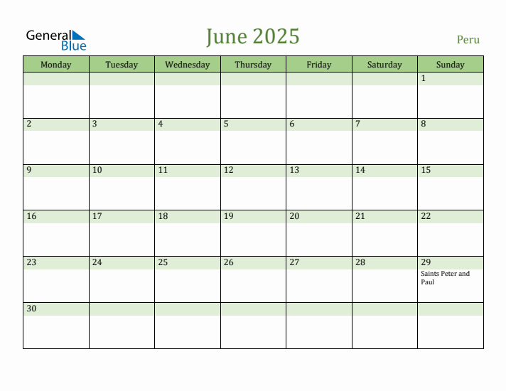 June 2025 Calendar with Peru Holidays