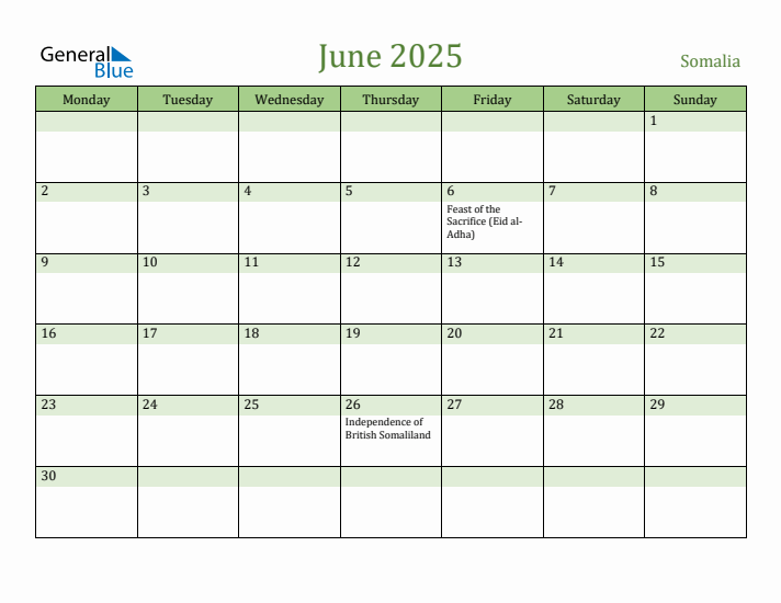 June 2025 Calendar with Somalia Holidays