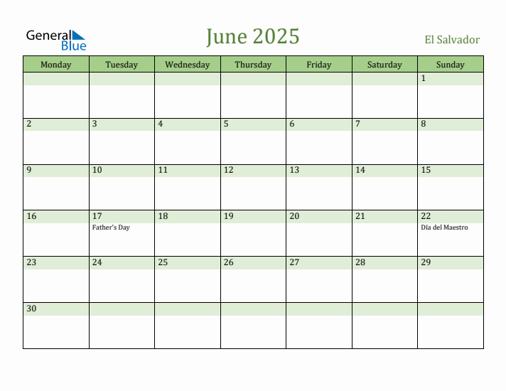 June 2025 Calendar with El Salvador Holidays