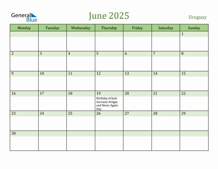 June 2025 Calendar with Uruguay Holidays