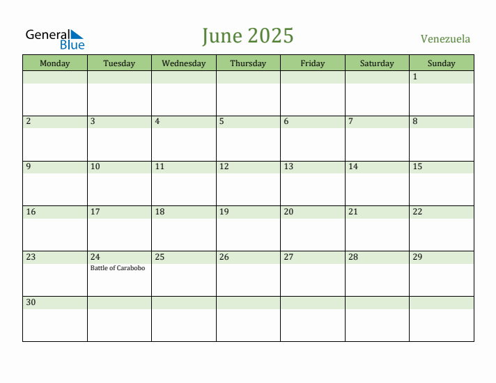 June 2025 Calendar with Venezuela Holidays