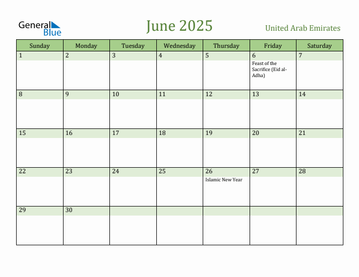 June 2025 Calendar with United Arab Emirates Holidays