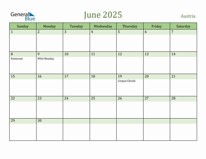 June 2025 Calendar with Austria Holidays