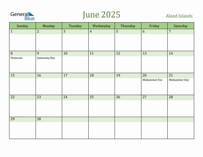 June 2025 Calendar with Aland Islands Holidays