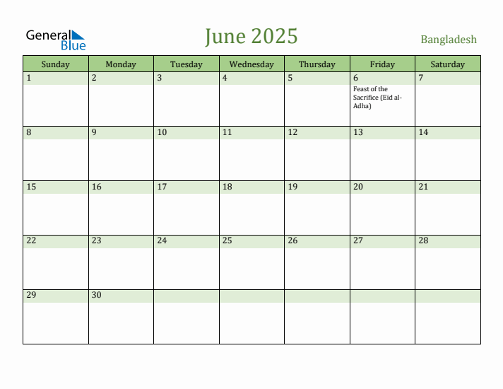 June 2025 Calendar with Bangladesh Holidays