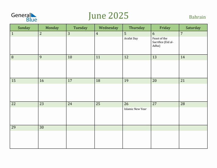 June 2025 Calendar with Bahrain Holidays