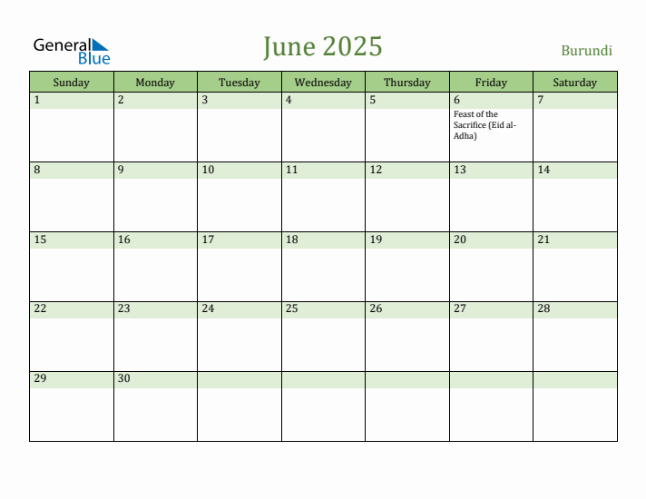 June 2025 Calendar with Burundi Holidays