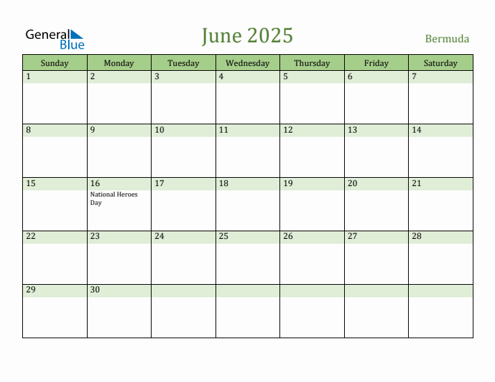 June 2025 Calendar with Bermuda Holidays