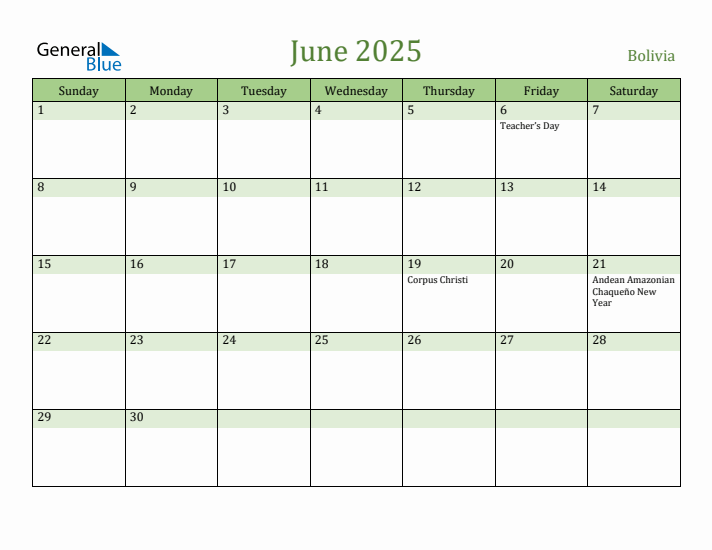 June 2025 Calendar with Bolivia Holidays