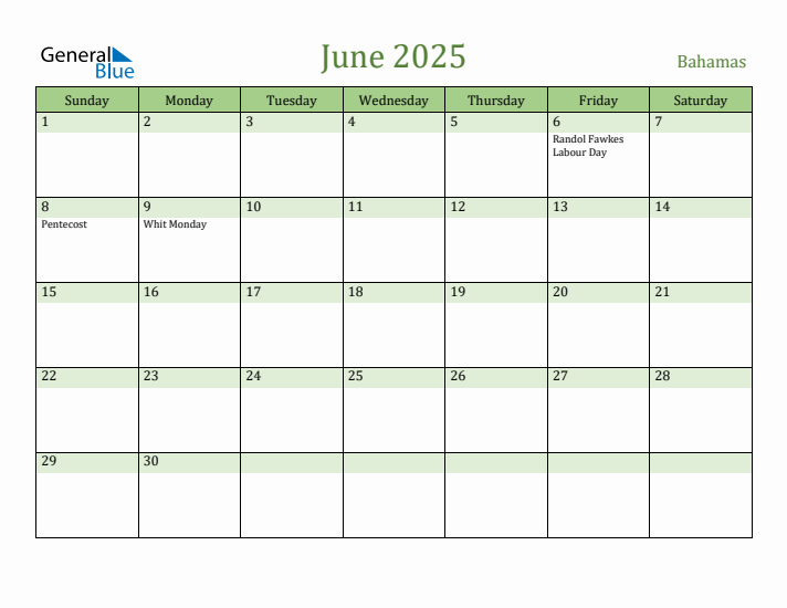 June 2025 Calendar with Bahamas Holidays