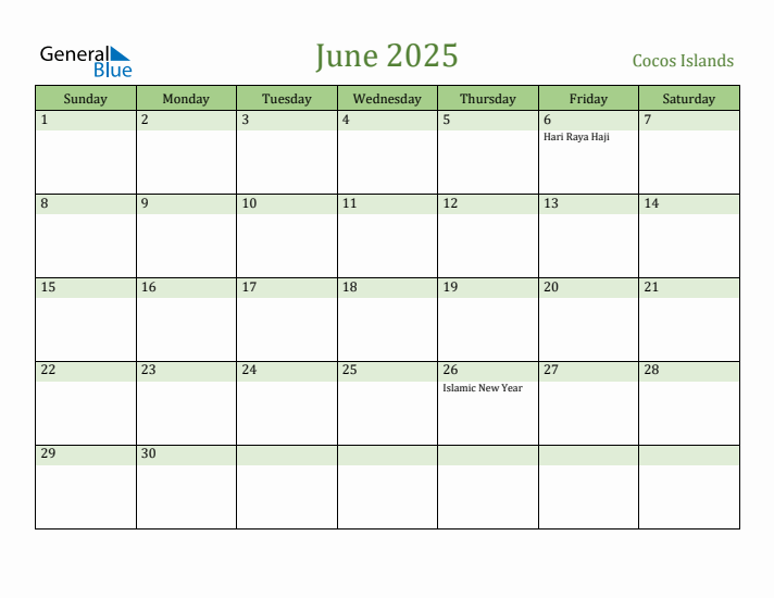 June 2025 Calendar with Cocos Islands Holidays