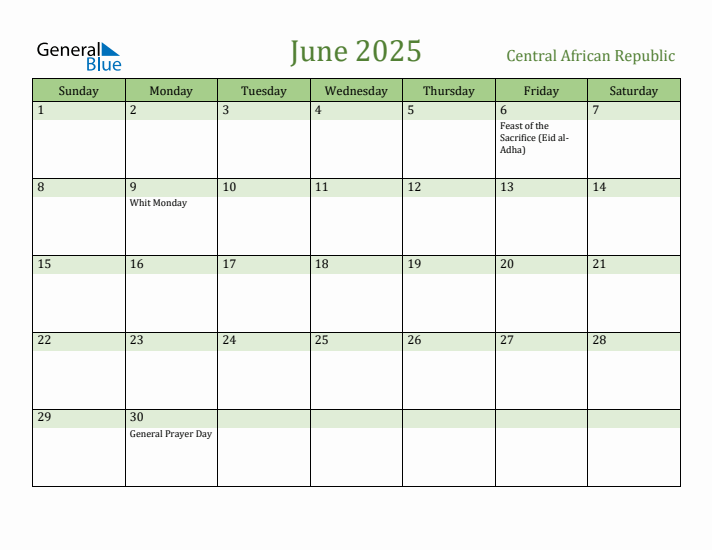 June 2025 Calendar with Central African Republic Holidays