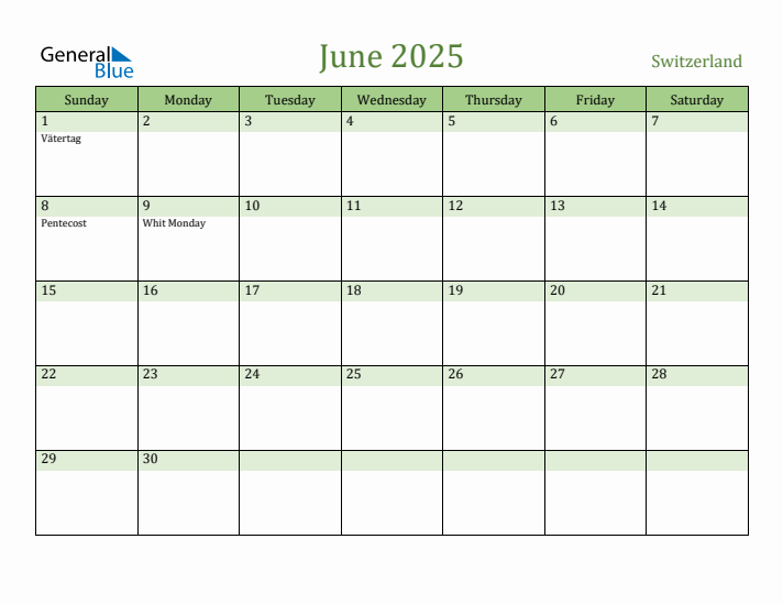 June 2025 Calendar with Switzerland Holidays