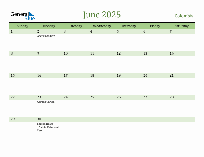 June 2025 Calendar with Colombia Holidays