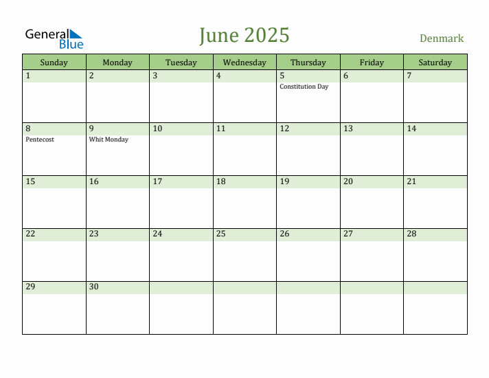 June 2025 Calendar with Denmark Holidays