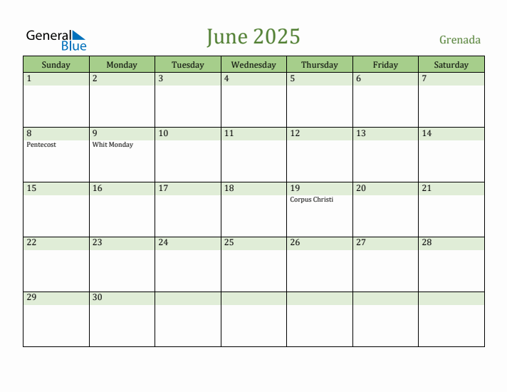 June 2025 Calendar with Grenada Holidays