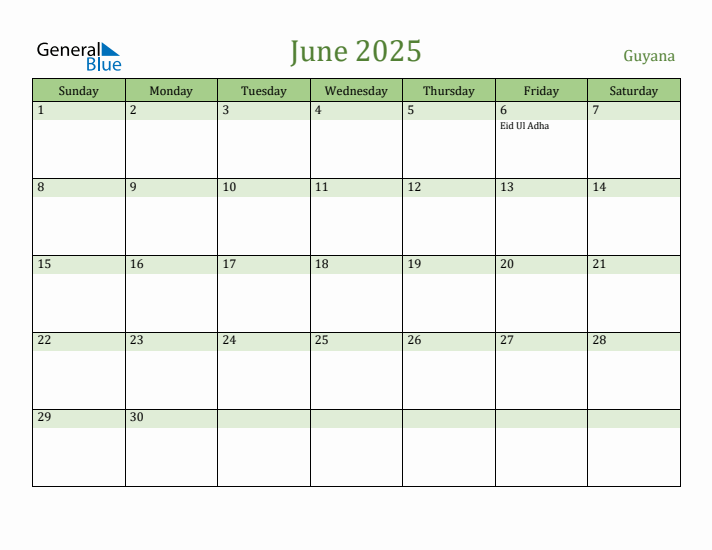 June 2025 Calendar with Guyana Holidays