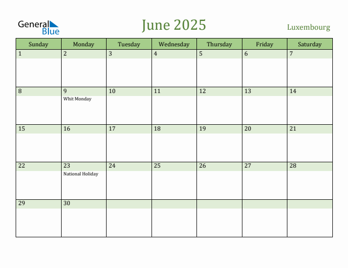 June 2025 Calendar with Luxembourg Holidays