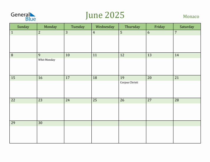 June 2025 Calendar with Monaco Holidays