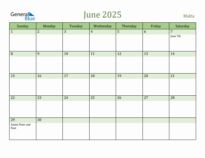 June 2025 Calendar with Malta Holidays