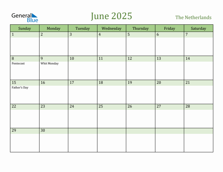 June 2025 Calendar with The Netherlands Holidays