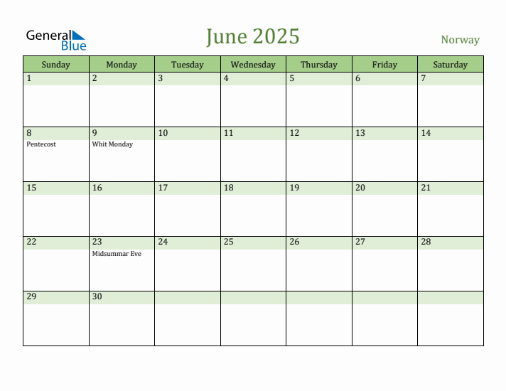 June 2025 Calendar with Norway Holidays