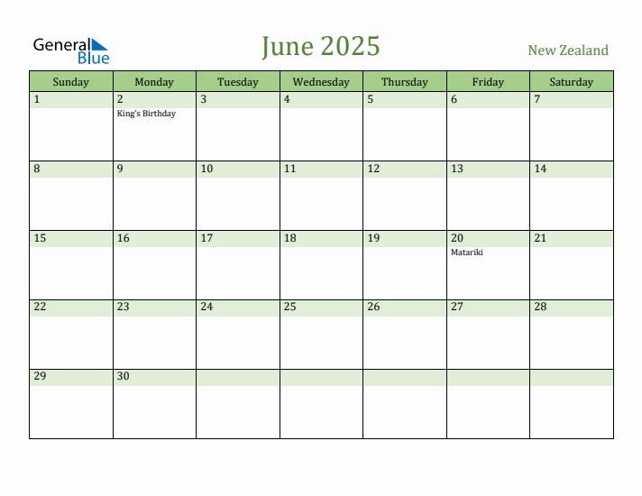 June 2025 Calendar with New Zealand Holidays