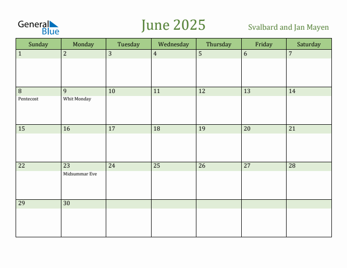 June 2025 Calendar with Svalbard and Jan Mayen Holidays