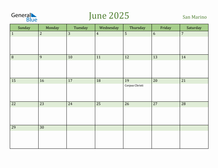 June 2025 Calendar with San Marino Holidays