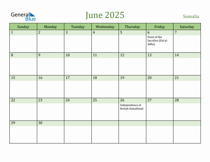 June 2025 Calendar with Somalia Holidays