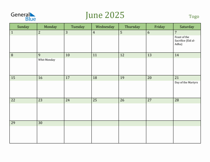 June 2025 Calendar with Togo Holidays