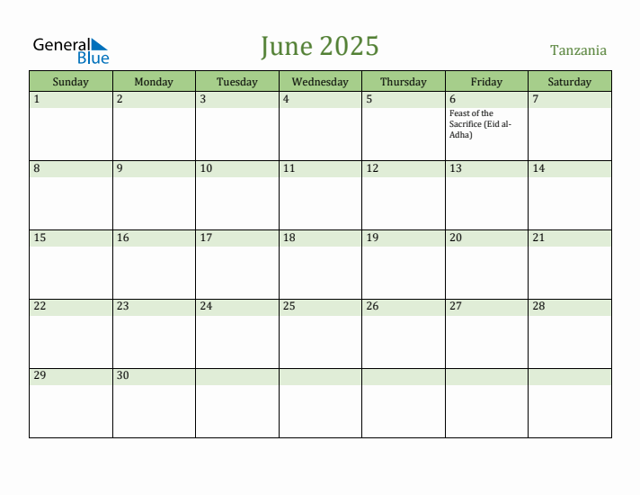 June 2025 Calendar with Tanzania Holidays