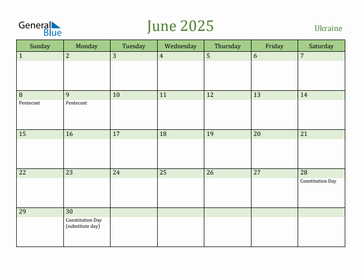 June 2025 Calendar with Ukraine Holidays