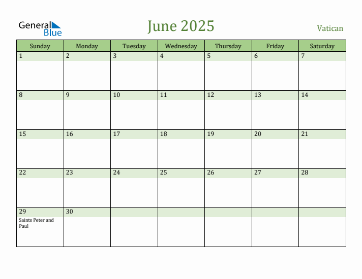 June 2025 Calendar with Vatican Holidays