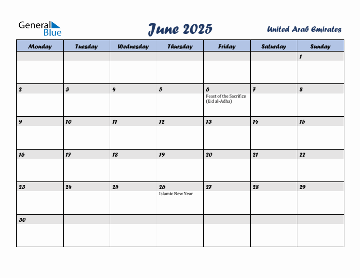 June 2025 Calendar with Holidays in United Arab Emirates