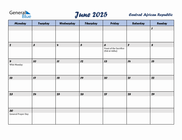 June 2025 Calendar with Holidays in Central African Republic