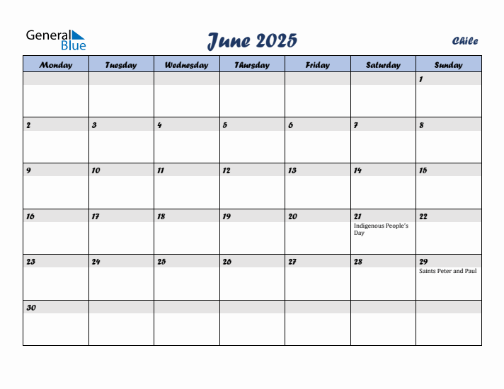 June 2025 Calendar with Holidays in Chile