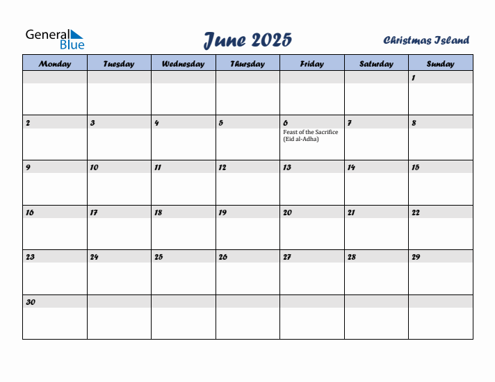 June 2025 Calendar with Holidays in Christmas Island