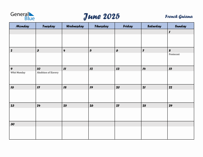 June 2025 Calendar with Holidays in French Guiana