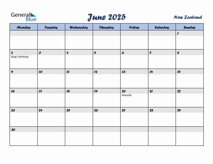 June 2025 Calendar with Holidays in New Zealand