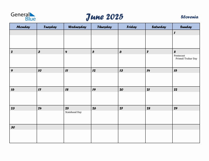 June 2025 Calendar with Holidays in Slovenia