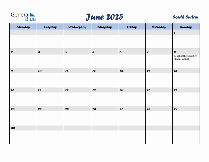 June 2025 Calendar with Holidays in South Sudan