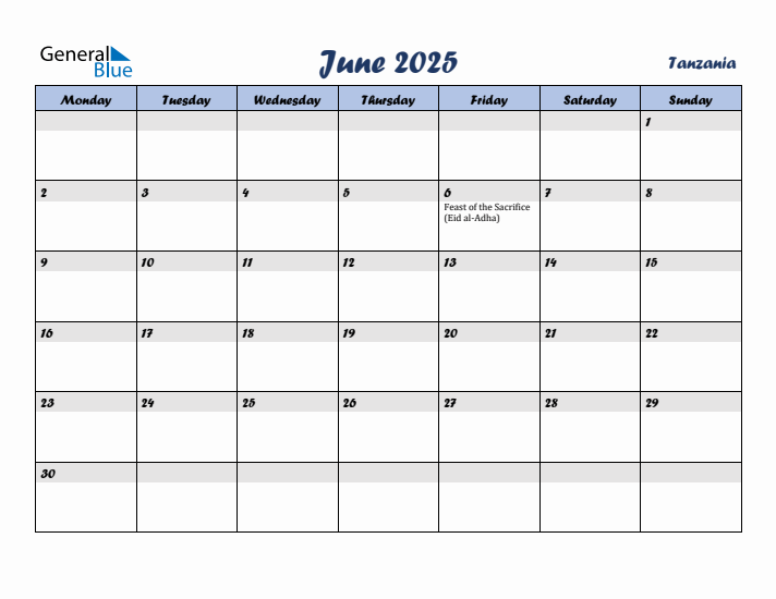 June 2025 Calendar with Holidays in Tanzania