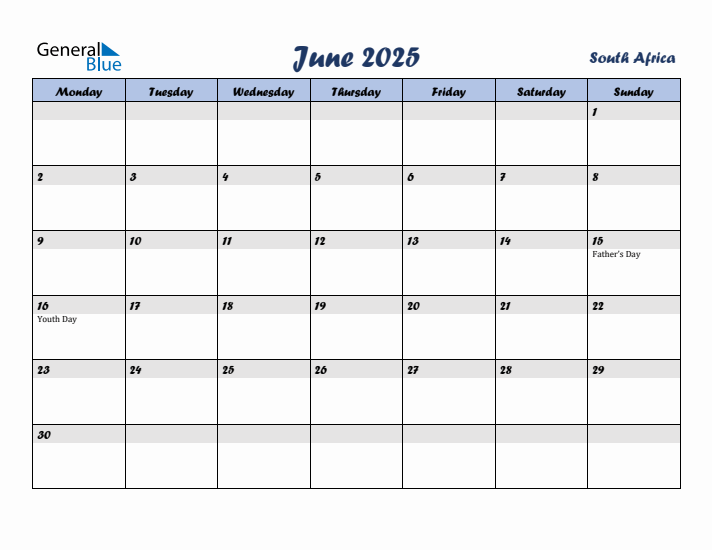 June 2025 Calendar with Holidays in South Africa