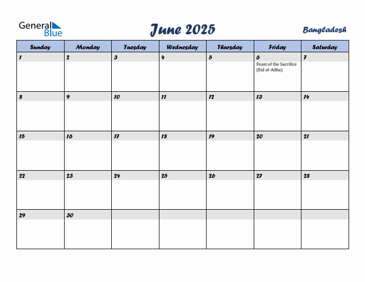 June 2025 Calendar with Holidays in Bangladesh