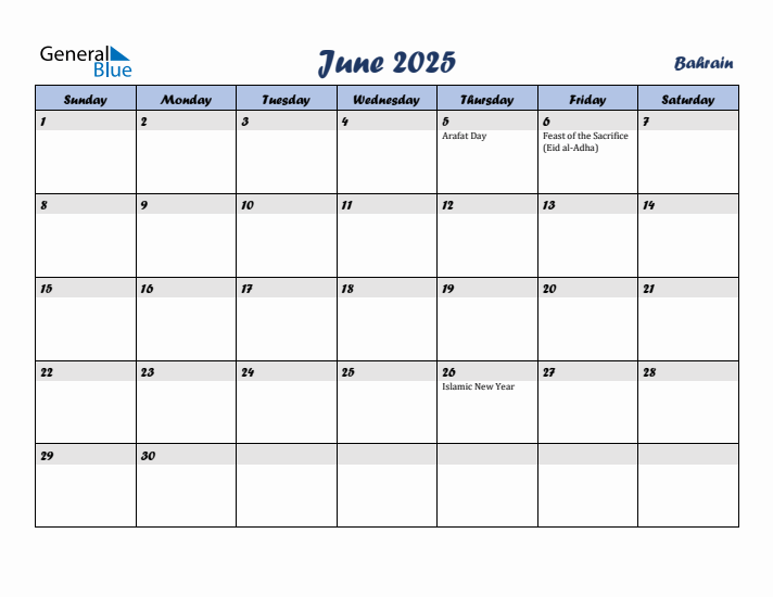 June 2025 Calendar with Holidays in Bahrain